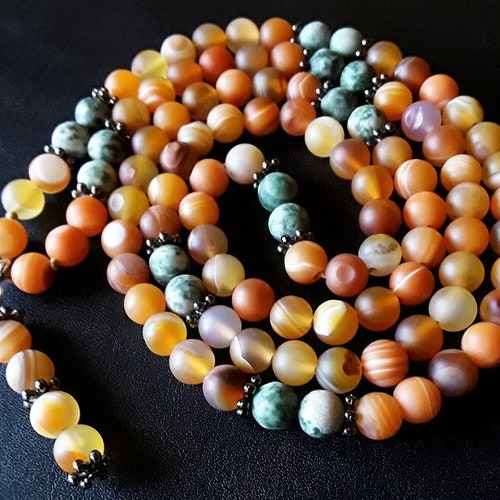 108 Mala Beads Tassel Necklace from High-Quality 8mm Agate and Silver Prayer Necklace (Yoga Wrap Bracelet), shops Meditation, Reiki Charged, Boho