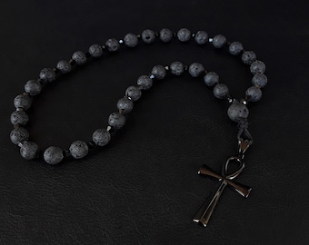 The Ankh Orthodox (v. 33) elite Rosary made of Volcanic Lava stone, Swarovski Black Crystals and a Stainless Steel black Ankh Cross