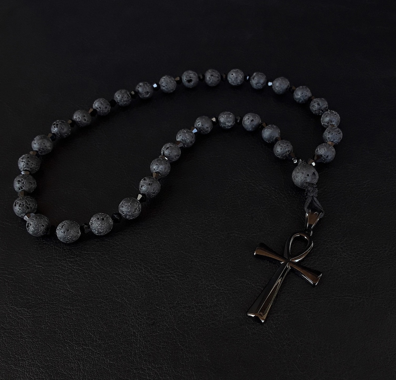 The Ankh Orthodox (v. 33) elite Rosary made of Volcanic Lava stone, Swarovski Black Crystals and a Stainless Steel black Ankh Cross