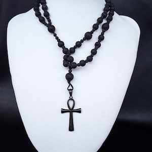 The Ankh alt ver 5 Decade Catholic Rosary made of Volcanic Lava stone directly extracted from Mt Vesuvius Stainless Steel black Ankh Cross