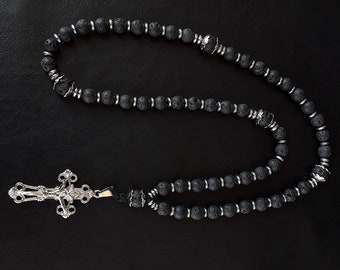 The Cross Orthodox (v. 50) elite Rosary made of Volcanic Lava stone, 925 Pure Silver, Hematite and a Stainless Steel Cross of our Christ