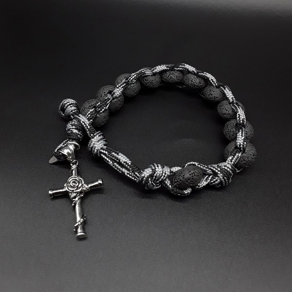 Rosicrucian Military 550 Paracord Wrist Rosary made of high quality Natural Lava Stone and a 304 Stainless Steel Rosicrucian Cross Pendant