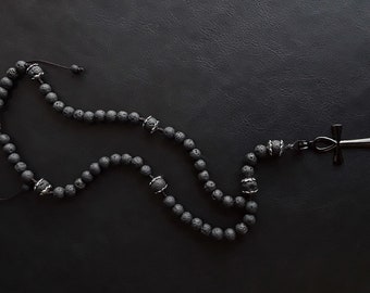The Ankh 5 Decade Catholic Rosary made of Lava Stone directly from Mt Vesuvius and a Stainless Steel black Ankh Cross - Rosary Necklace