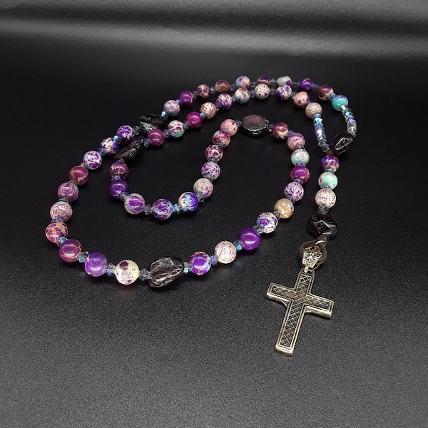 The Imperial Silver Swarovski Rosary made of Imperial Jasper, Natural Regalite, Garnet, 925 Silver, Swarovski crystals and a Meander Cross