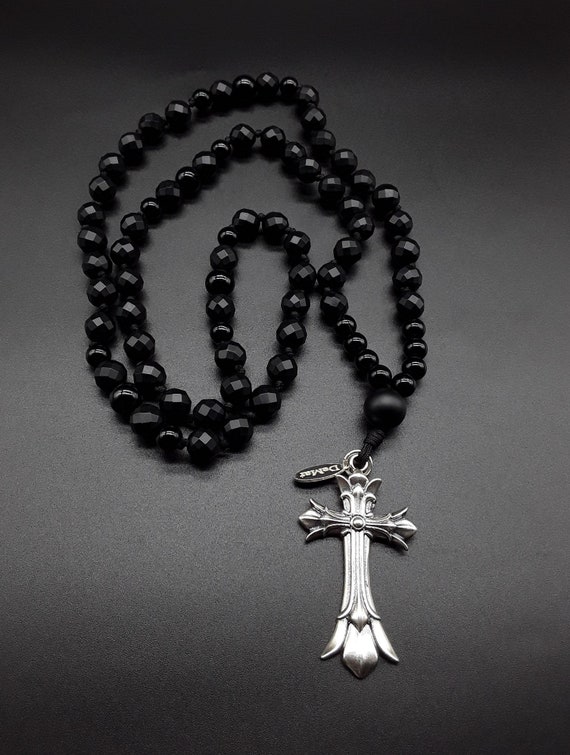 ブラックシルバー925 ロザリオ ブラックオニキスの長いロザリオ