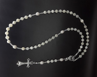 The Pearl Moonstone 5 Decade Catholic Rosary (alt ver) white Pearls, Moonstone, Swarovski crystals, silver Pendant & a pure 925 Silver Cross