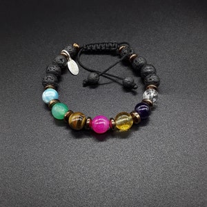 7 Chakra Bracelet (Ver. 1) made of Lava Stone, Agate, Tiger’s Eye, Dragon Veins, Citrine, Amethyst, Natural Quartz and Hematite.
