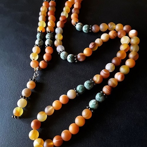 108 Mala Beads Tassel Necklace from High-Quality 8mm Agate and Silver Prayer Necklace (Yoga Wrap Bracelet), shops Meditation, Reiki Charged, Boho