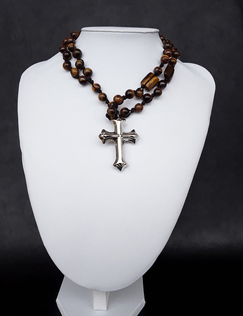 5 Decade Catholic Rosary made of Tigers Eye gemstones a Stainless Silver Steel Cross and a special knotted pattern that goes bead by bead