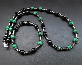 DESPOINA – Complete set (necklace and bracelet) of 8mm high quality gemstone beads of Black Onyx, Malachite and Hematite (Limited Edition)