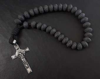 Through Darkness Military 550 Paracord Orthodox Rosary made of Mt Vesuvius Volcanic Lava Stones and the Holy Sigil Stainless Silver Cross