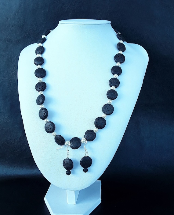 Black Lava Stone Swarovski Pearls Jewelry Set | Etsy