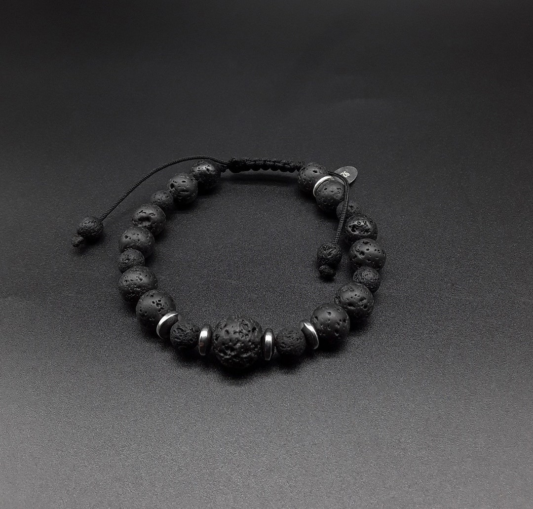 Adjustable Black Lava Stone Beaded Bracelet – Natural Volcanic Rock Fashion Jewelry 7.5 Inches