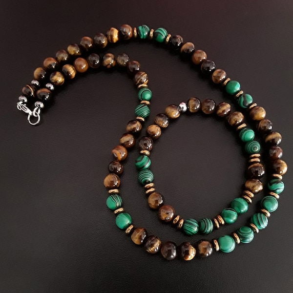 MORPHEUS – Vollständiges Perlenset (Halskette und Armband) aus 8mm hochwertigen Perlen aus Tigerauge, Malachit und Hämatit (Limitierte Auflage)