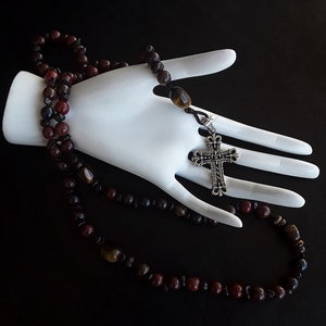 The Tigers Garnet elite 5 Decade Catholic Rosary made of Garnet, Natural Red Tigers Eye, Unbreakable Stainless Vintage Antique Silver Cross.