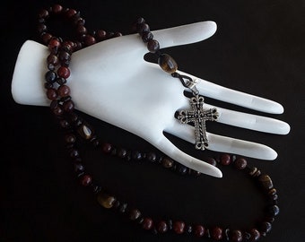 The Tigers Garnet elite 5 Decade Catholic Rosary made of Garnet, Natural Red Tigers Eye, Unbreakable Stainless Vintage Antique Silver Cross.
