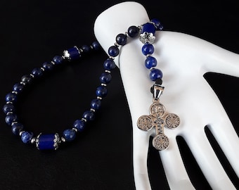 The Sanctum Orthodox (v. 33) elite Rosary made of Lapis Lazuli, Hematite, 925 Pure Silver, Stainless Vintage Silver Steel Cross