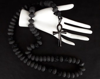 Stainless Steel Cross Ankh Egyptian Anglican Rosary. Black Gloss