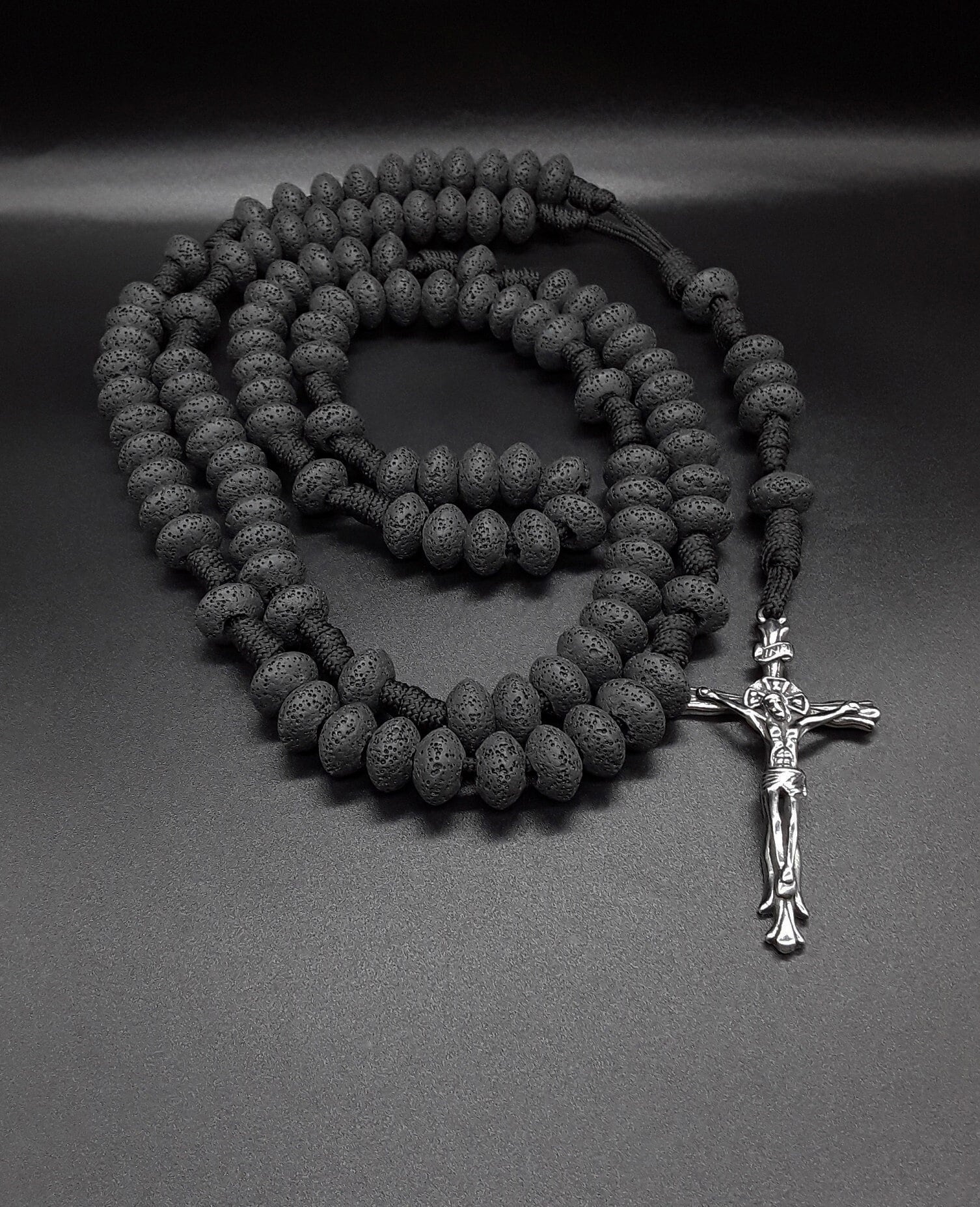 Through Darkness Military 550 Paracord 10 Decade Rosary made of Volcanic Lava Stones and a Stainless Steel Crucifix Cross (Antique Silver).