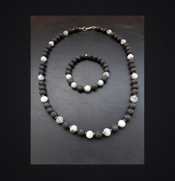 Achilles the Complete Set of Charm necklace and Charm bracelet, made of 8mm high quality Jasper, Hematite, Lava-Stone and Silver beads