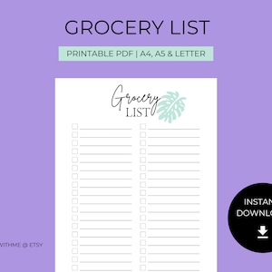 May include: Printable grocery list template with a green monstera leaf design. The list has checkboxes for items and the text "Grocery List" at the top.