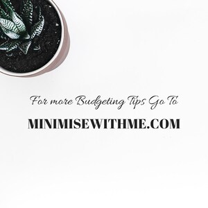 Pu&ograve; includere: Uno sfondo bianco con una piccola pianta grassa in vaso nell'angolo in alto a sinistra. Il testo "For more Budgeting Tips Go To MINIMISEWITHME.COM" &egrave; centrato sulla pagina.