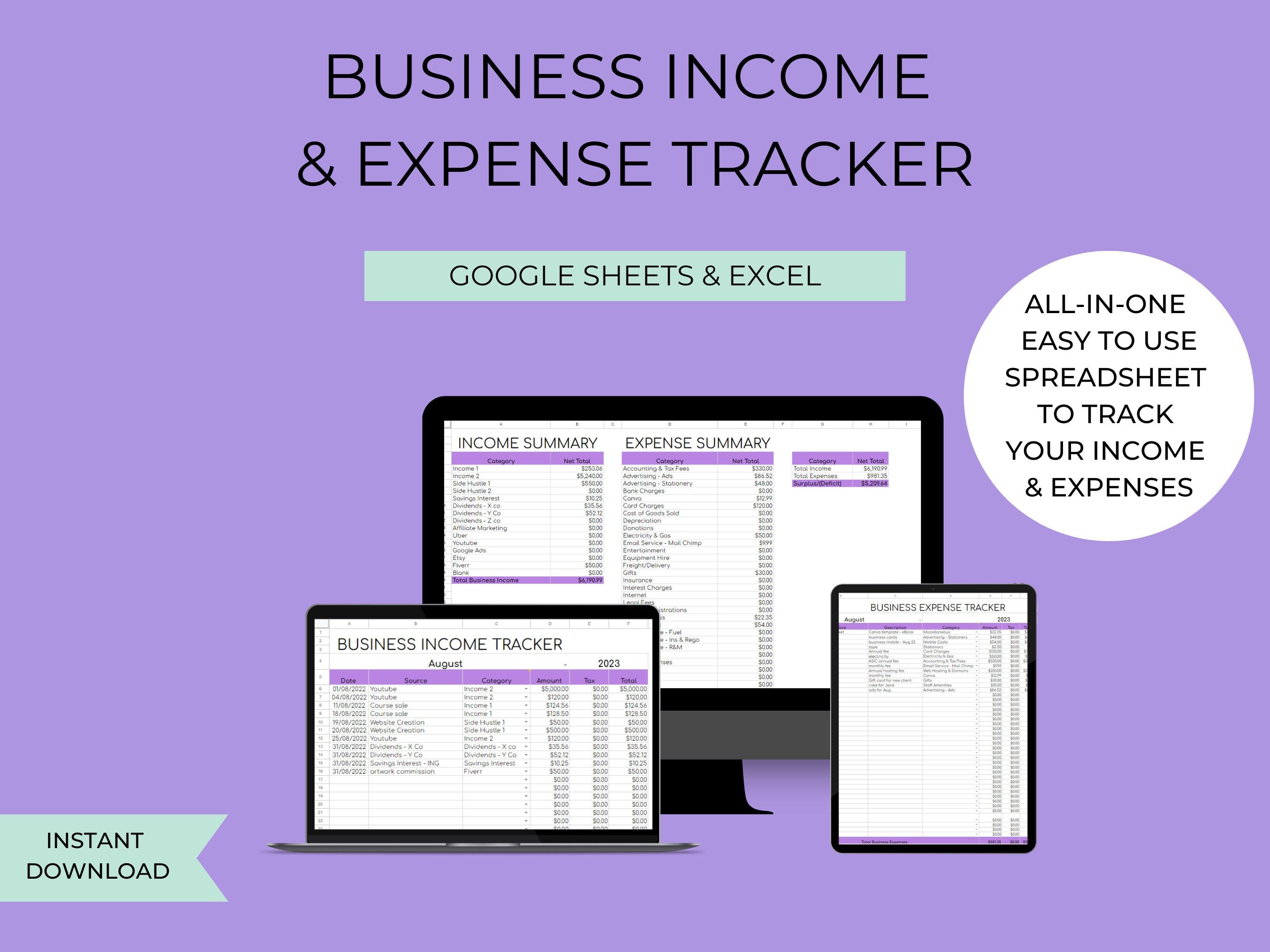 Business Income and Expense Tracker Excel, Business Expense Tracker ...