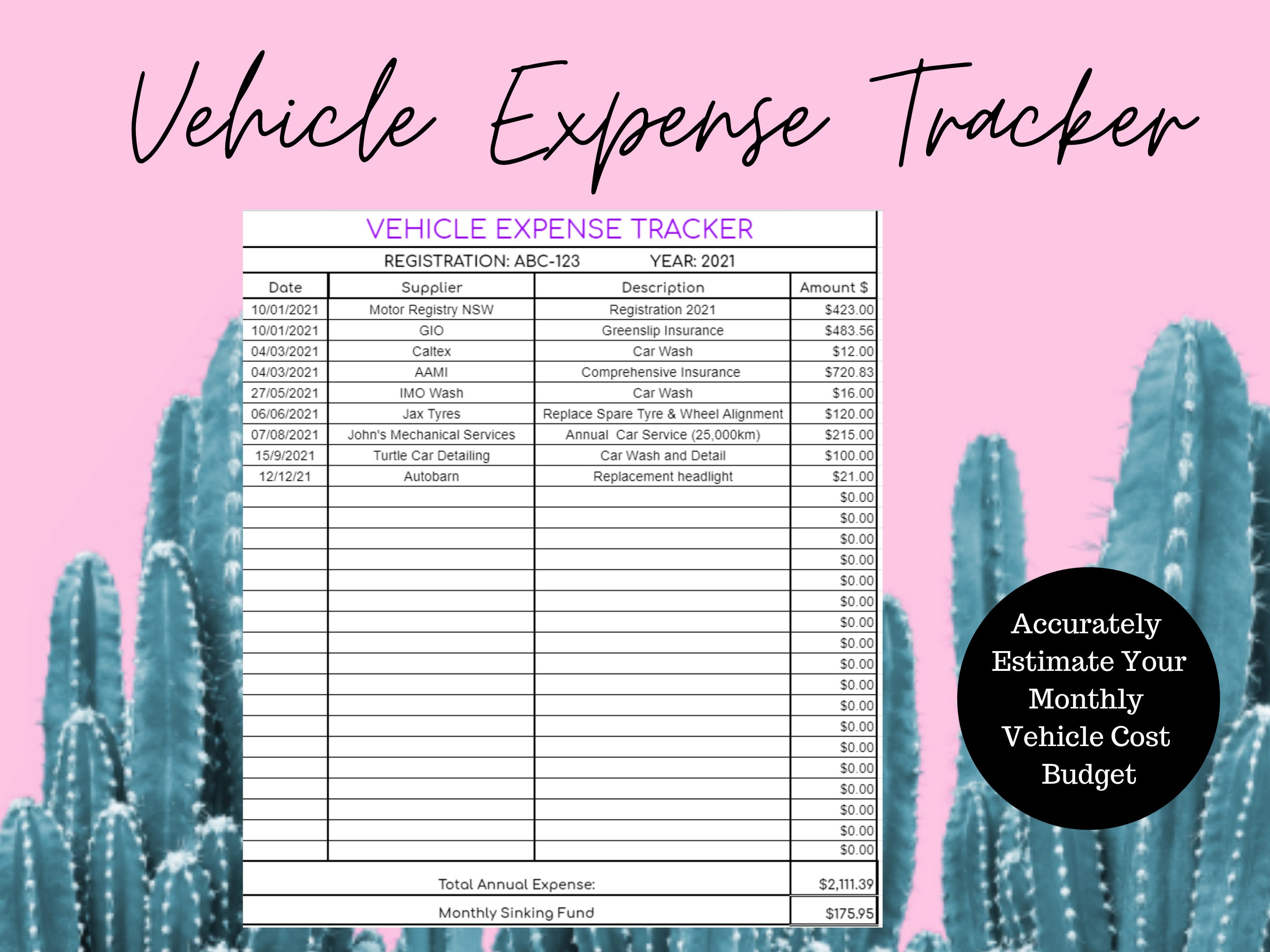 Vehicle Expense Tracker Car Expense Tracker Car Budget Etsy