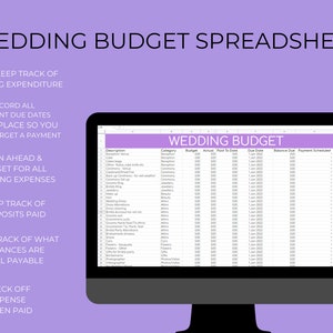 Pu&ograve; includere: Uno schermo di computer che mostra un foglio di calcolo intitolato "Budget di matrimonio". Il foglio di calcolo &egrave; organizzato per categoria, con colonne per il budget, il pagamento effettivo ad oggi, la data di scadenza, il saldo dovuto, il pagamento programmato e la ricevuta. Il foglio di calcolo include categorie come il ricevimento, la cerimonia, la location, i gioielli, l'abbigliamento, i fiori, la fotografia e i regali per la festa di nozze.
