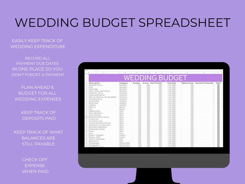 Pu&ograve; includere: Uno schermo di computer che mostra un foglio di calcolo intitolato "Budget di matrimonio". Il foglio di calcolo &egrave; organizzato per categoria, con colonne per il budget, il pagamento effettivo ad oggi, la data di scadenza, il saldo dovuto, il pagamento programmato e la ricevuta. Il foglio di calcolo include categorie come il ricevimento, la cerimonia, la location, i gioielli, l'abbigliamento, i fiori, la fotografia e i regali per la festa di nozze.