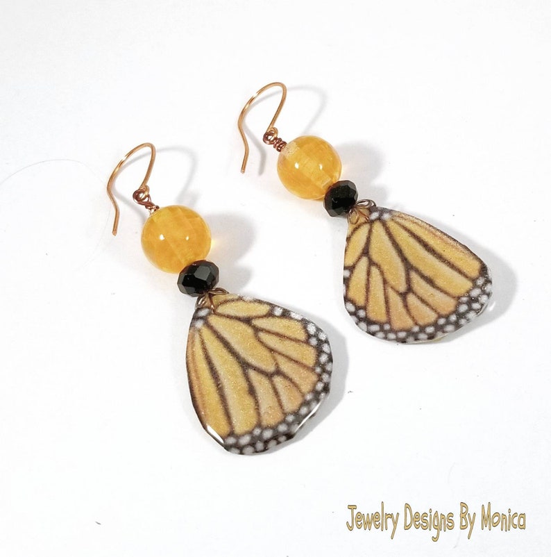 Drop and Dangle Monarch Butterfly Earrings Handmade Jewelry,OOAK Artisan,by JDByMonica Butterfly Earrings Orange and Black Gift for Her