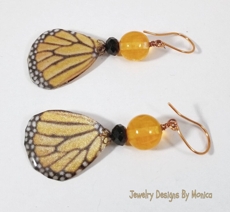 Drop and Dangle Monarch Butterfly Earrings Handmade Jewelry,OOAK Artisan,by JDByMonica Butterfly Earrings Orange and Black Gift for Her