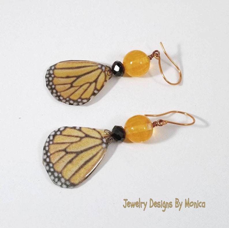 Drop and Dangle Monarch Butterfly Earrings Handmade Jewelry,OOAK Artisan,by JDByMonica Butterfly Earrings Orange and Black Gift for Her