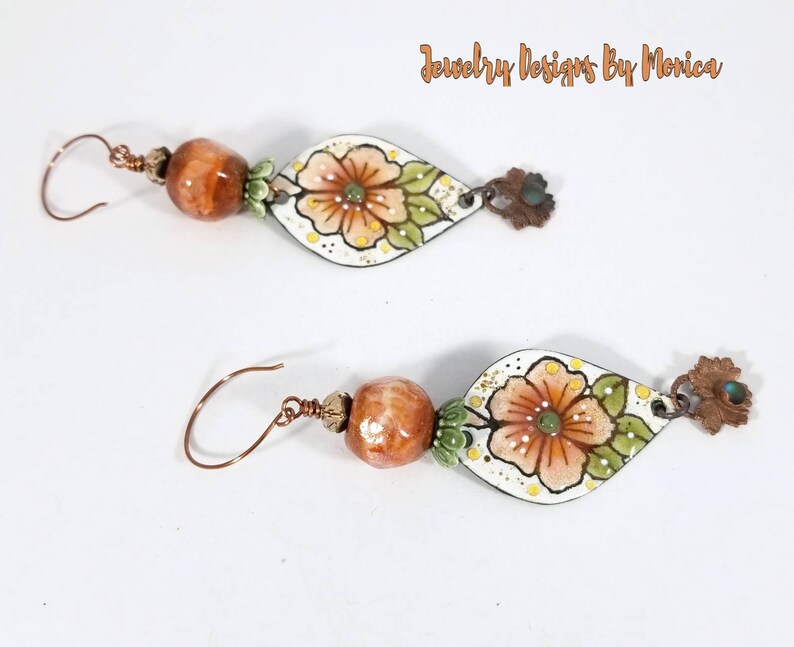 Floral Copper Enamels Handmade Jewelry Enamel Glass Copper Lampwork Earrings Drop and Dangle,Boho Hipster Chic,OOAK Artisan,by JDByMonica