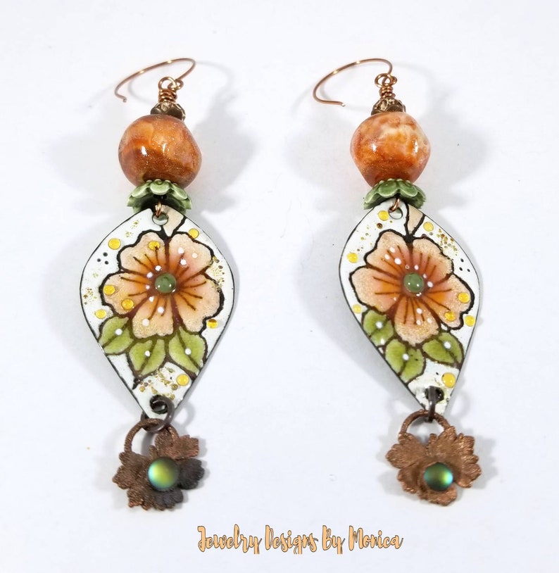 Floral Copper Enamels Handmade Jewelry Enamel Glass Copper Lampwork Earrings Drop and Dangle,Boho Hipster Chic,OOAK Artisan,by JDByMonica