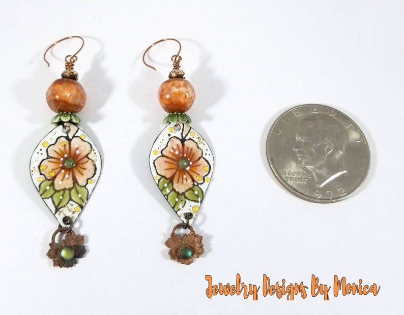 Floral Copper Enamels Handmade Jewelry Enamel Glass Copper Lampwork Earrings Drop and Dangle,Boho Hipster Chic,OOAK Artisan,by JDByMonica