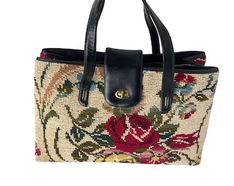 Vintage Floral Tapestry Carpetbag Purse 1960s Midcentury Mary Poppins Bag 10"x15"