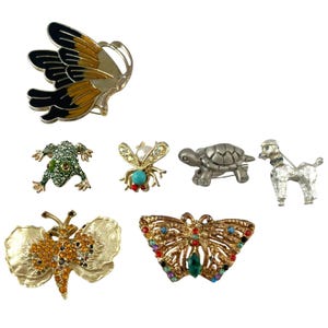 Vintage Animal Brooch Pin Lot Set Of 7 Butterfly Frog Turtle Poodle Fly