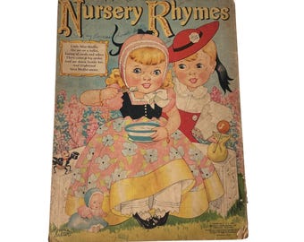Vintage 1940s Nursery Rhymes Illustrated Children's Softcover Linen Oversized