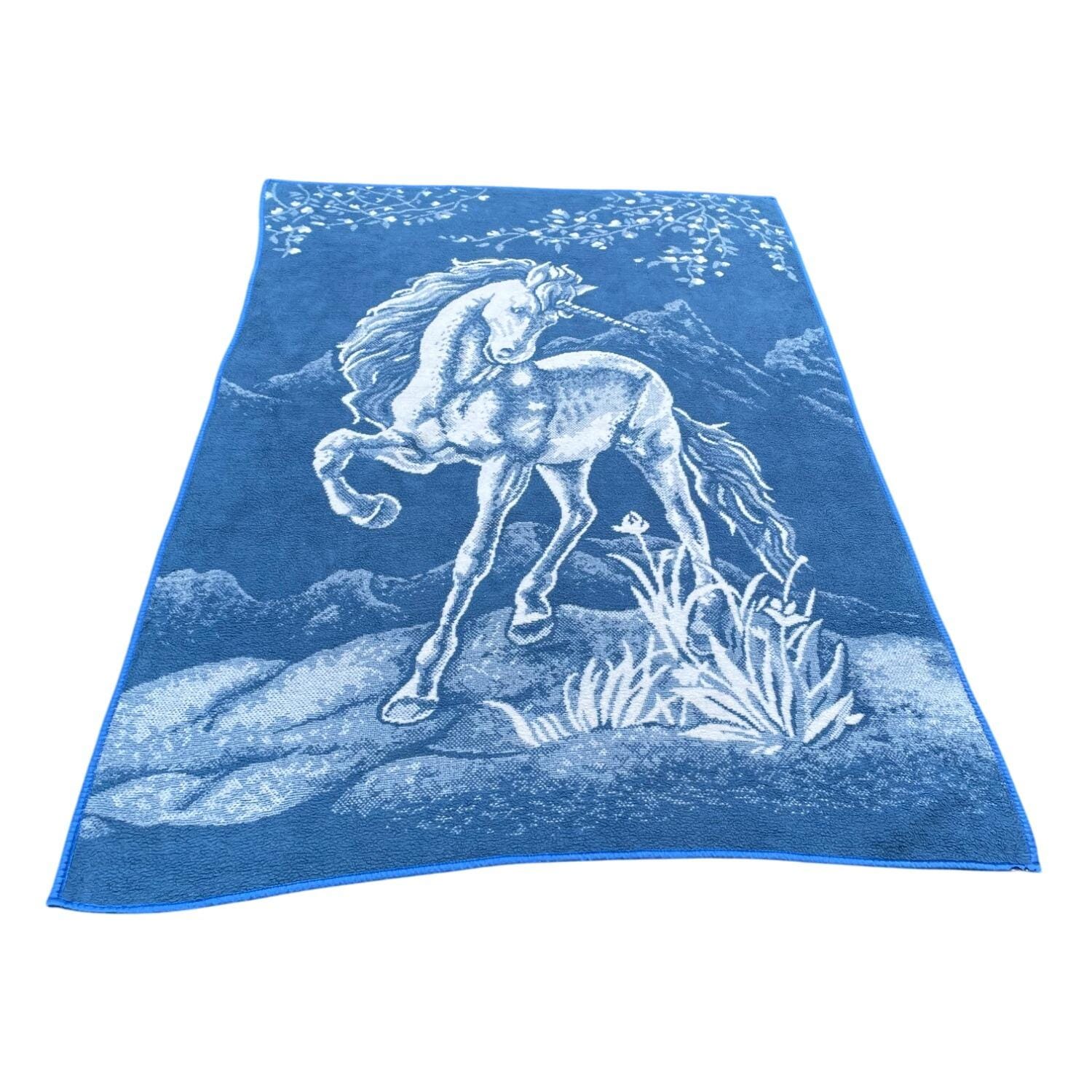 Vintage San Marcos Unicorn Horse Blanket: Reversible Fleece, Blue