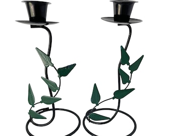 Set di 2 portacandele a cono in metallo con decorazioni a foglie di vite verdi, stile vintage anni '90.