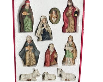 Set di 10 statuette per presepe dipinte a mano, vintage anni '90, per Natale, religiose, cattoliche, cristiane e festività