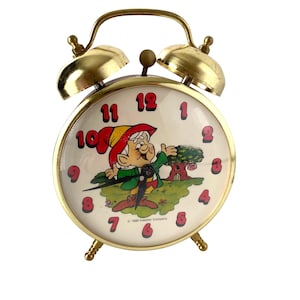 Reloj despertador de cuerda Keebler Elf vintage de 1980 con campanas dobles y cuerpo de esmalte rojo. WORKS