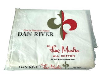 Sábana plana grande Dan River de muselina 100% algodón, color blanco, fabricada en EE. UU., nueva, sin usar.