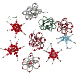 Handcrafted Vintage Beaded Snowflake Ornaments Set Of 9 Handmade Christmas Tree Kitsch Kitsch Mid Century MCM