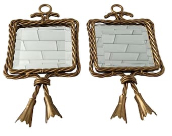 Pair of 2 Vintage Beveled Wall Mirrors Twisted Iron Rope Metal Tassels Square Hollywood Regency