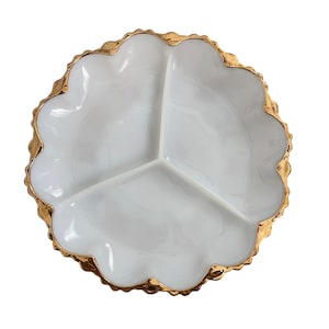 Vintage Anchor Hocking Fire King Milk Glass Relish Dish: 22K Gold Trim