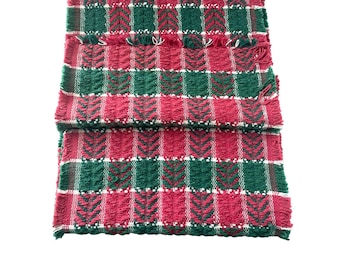 VTG 90s Christmas Woven Cotton Table Runner Red Green Plaid Fringe 12x72