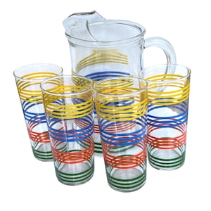 Vintage Striped Glass Pitcher with Ice Lip Iced Tea Lemonade High Ball Glasses Set Feista Rainbow