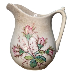 Antique 1880s Ironstone Pitcher Stamped Burgess & Campbell Floral Cottage Moss Rose Pre-1900